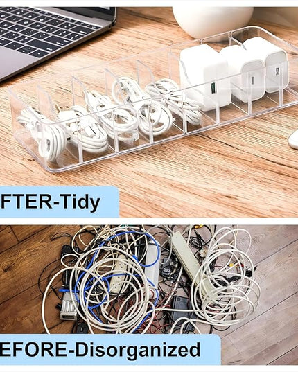 Tatuo 8 Pcs Cable Organizer with 80 Wire Ties, Plastic Cord Storage Charger Box Electronics Organizer with Adjustment Compartments Cable Storage for Drawer Home Office Desk Accessories (Clear)