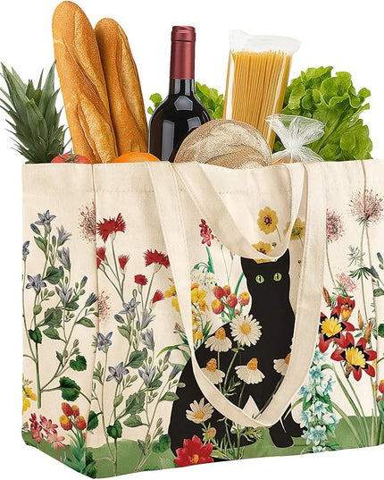 Large Canvas Grocery Tote Bag - Reusable Extra Large Shopping Shoulder Bags with 6 Inner Pockets & 2 Handle Strap