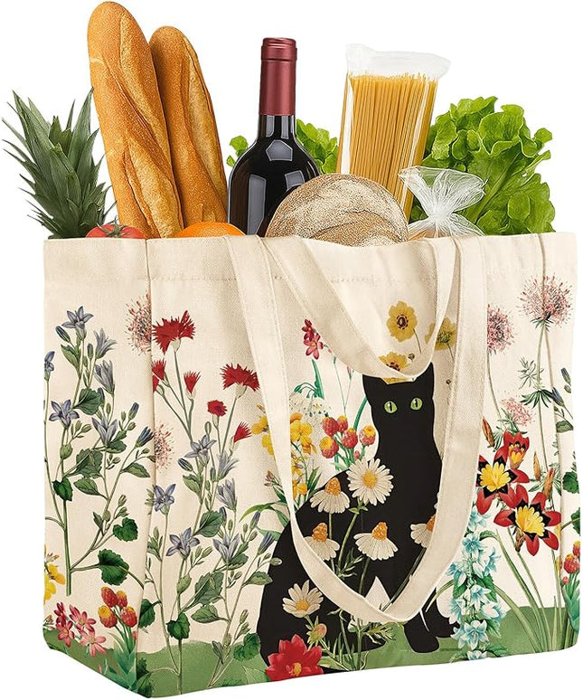 Large Canvas Grocery Tote Bag - Reusable Extra Large Shopping Shoulder Bags with 6 Inner Pockets & 2 Handle Strap