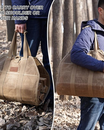 INNO STAGE Canvas Wood Carriers Fire Wood Log Tote Bag, Waxed Canvas Hay Hauling for Fireplace, Round Woodpile Carrying for Tubular Stand by Hearth Stove or Outdoor Camping