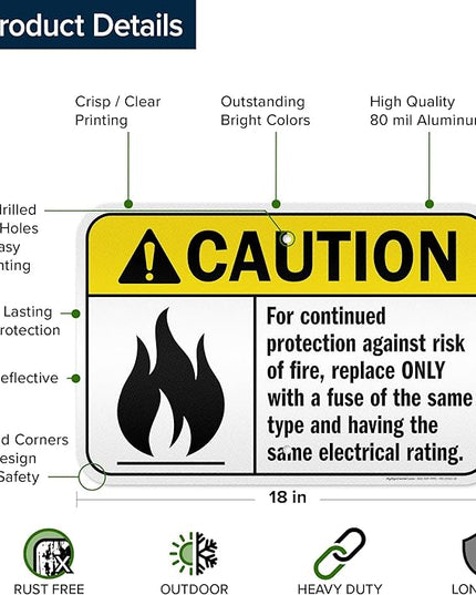 Warning For Continued Protection Against Risk Of Fire Replace Sign, 12x18 Inches, 3M EGP Reflective .063 Aluminum, Fade Resistant, Made in USA by My Sign Center