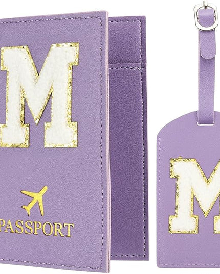 PATIKIL Passport Holder for Travel, Initial Passport Cover and Luggage Tag Set with Alphabet Chenille Letter Patch Travel Wallet Bag Suitcase Identifier for Women Family Travel Purple M