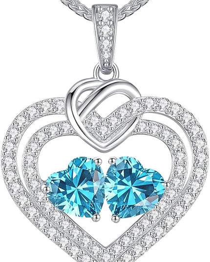 LOUISA SECRET Sparkling Double Heart Birthstone Necklaces for Women, 925 Sterling Silver Fine Jewelry, Pendant Heart Necklaces Birthday Anniversary Christmas Gift for Women Wife Mom Girlfriend Lady