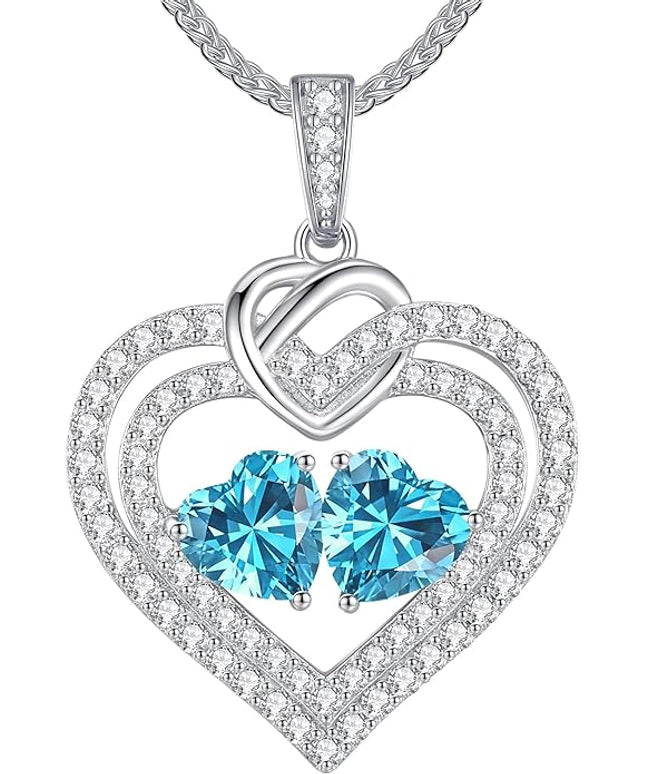 LOUISA SECRET Sparkling Double Heart Birthstone Necklaces for Women, 925 Sterling Silver Fine Jewelry, Pendant Heart Necklaces Birthday Anniversary Christmas Gift for Women Wife Mom Girlfriend Lady