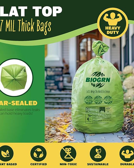 30-33 Gallon Compostable Trash Bags Flat-Top 30 Bags Heavy Duty1.57 Mil, 124.92 Liter Large Lawn and Yard Waste Bag green for Outdoor Garden ASTM D6400, US BPI and OK Compost Home Certified