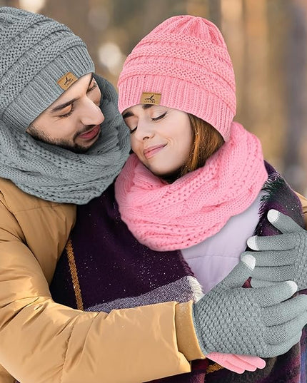 Winter Beanie Hat Scarf Gloves, Warm Fleece Knit Hats Touch Screen Gloves Neck Scarf Set Winter Gifts for Unisex Adult