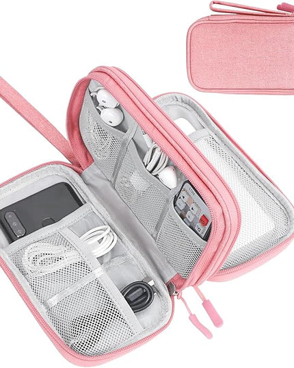 FYY Electronic Organizer, Travel Bag, Pouch, Carry Case Portable Waterproof Double Layers for Cable, Cord, Charger, Phone, Earphone Pink