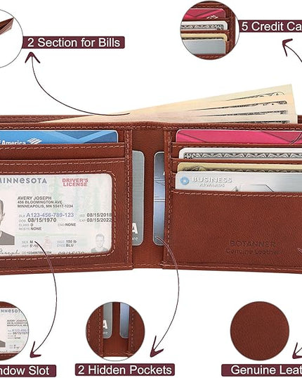 BOTANNER Genuine Leather Bifold Mens Wallet Slim RFID Blocking 5 Credit Card Slots 1 ID Window 2 Sections for Bills 2 Additional Slots | Dark walnut brown