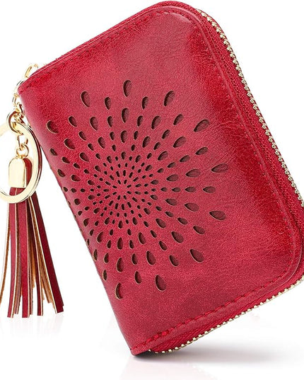 APHISON RFID Credit Card Holder Zipper Card Case Keychain Small Wallet for Women 1927 RED