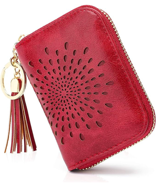APHISON RFID Credit Card Holder Zipper Card Case Keychain Small Wallet for Women 1927 RED