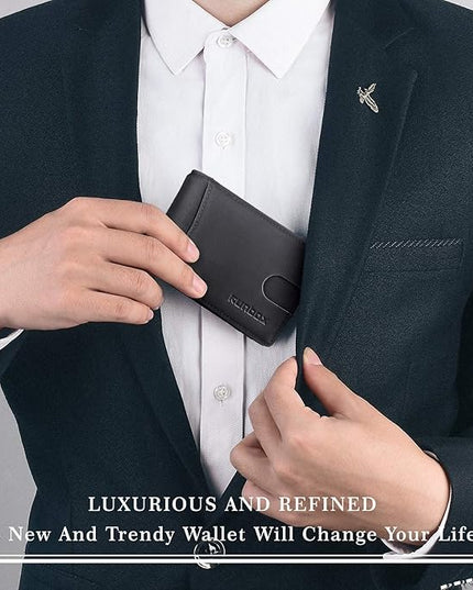 RUNBOX Slim Wallet for Men Genuine Leather RFID Blocking Bifold Minimalist Front Pocket Mens Wallet with Money Clip Thin Gift Box