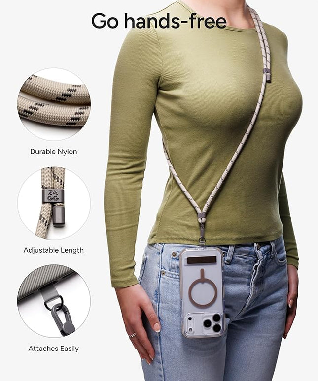 ZAGG Crossbody Lanyard for Phone Cases with Lanyard Attach Points – Adjustable Durable Nylon Strap with Tear-Proof Tab – Comfortable Hands-Free Carry, Sandstone Beige