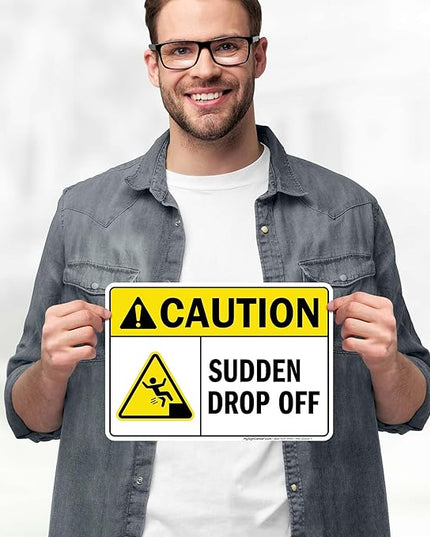 Caution Sudden Drop Off Sign, 10x7 Inches, 4 Mil Vinyl Decal Stickers Weather Resistant, Made in USA by My Sign Center