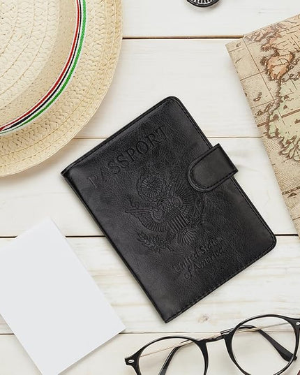 WALNEW Passport Holder for Travel, RFID Passport Cover Wallet for Women Men, PU Leather Passport Book Card Holder Case with Pen (Buckle Closure, Buckle-Black)