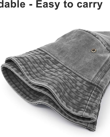 Bucket Hat, Wide Brim Washed Denim Cotton Outdoor Sun Hat Flat Top Cap for Fishing Hiking Beach Sports