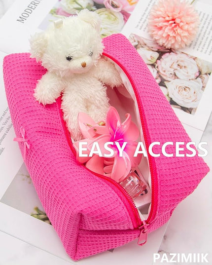 PAZIMIIK 6PCS Cozy Makeup Bag Travel Cosmetic Bag for Women Soft Toiletry Bag Aesthetic Makeup Organizer Portable Large Zipper Pouch for Skincare Beauty Accessories Brushes Waffle Hotpink