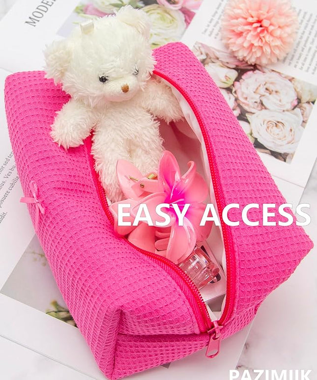 PAZIMIIK 6PCS Cozy Makeup Bag Travel Cosmetic Bag for Women Soft Toiletry Bag Aesthetic Makeup Organizer Portable Large Zipper Pouch for Skincare Beauty Accessories Brushes Waffle Hotpink
