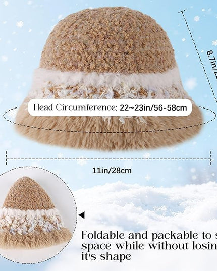 YI HENG MEI Women Knit Bucket Hat, Fluffy Winter Fisherman Hat Fuzzy Soft Warm Beanie Caps Women Cloche Caps Warm Bowler Hats