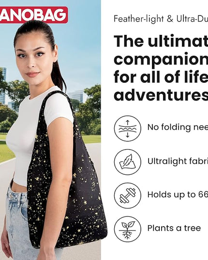 Nanobag Ultralight Foldable Tote for Women & Men, Reusable Grocery & Travel Bag, Packable Collapsible Compact Market Essential (Micro Stars)
