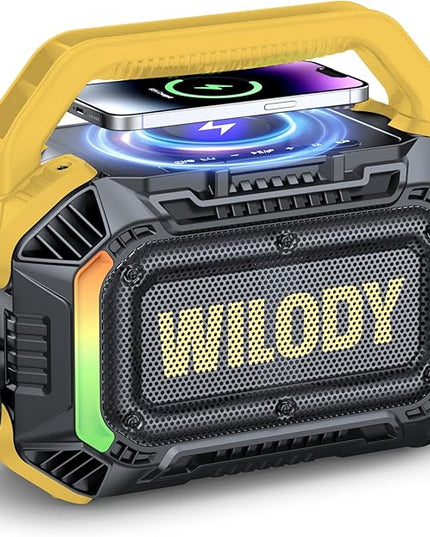 Wilody Speakers Bluetooth Wireless, 100W Loud Outdoor Speaker with Bass, IPX7 Waterproof Floatable, 20H Playtime, Wireless Charge, TWS, RGB Light, Portable Speaker for Work, Garage, Outdoor (Yellow)