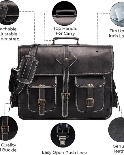 Vintage Leather Laptop Bag for Men Full Grain Large Leather Messenger bag for men 18 inches with rustic look Brown briefcase (Black)
