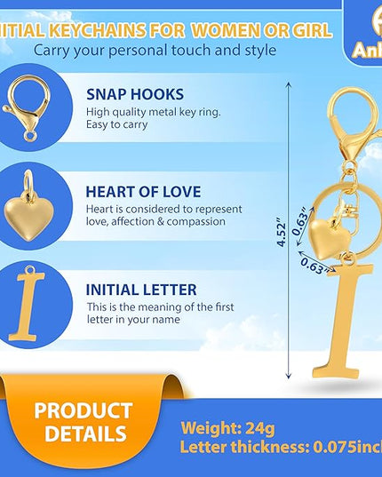 A-Z Heart Initial Letter Keychain, Stainless Steel Alphabet Charm for Handbags, Gift for Women and Girls