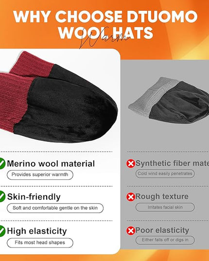 Merino Wool Beanie Hat for Men Women - Thermal Knitted Winter Hat for Large Heads Hiking Running Cap Wrap for Cold Weather