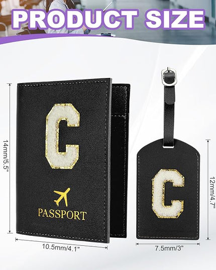 PATIKIL Passport Holder for Travel, Initial Passport Cover and Luggage Tag Set with Alphabet Chenille Letter Patch Travel Wallet Bag Suitcase Identifier for Women Family Travel Black C