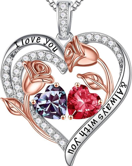 Iefil Christmas Gifts for Women Wife - 925 Sterling Silver Rose Heart Birthstone Necklace Birthday Anniversary Jewelry Gifts for Her Wife Mom Daughter