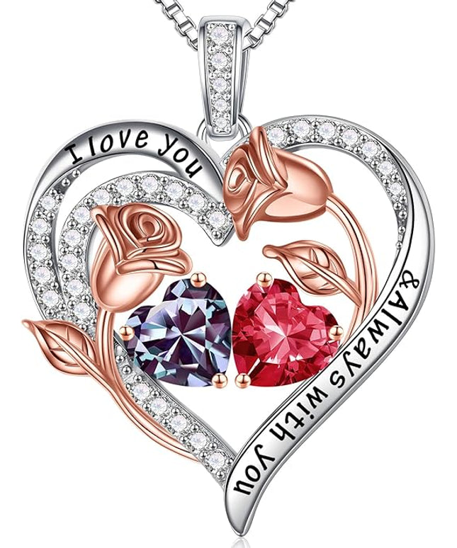 Iefil Christmas Gifts for Women Wife - 925 Sterling Silver Rose Heart Birthstone Necklace Birthday Anniversary Jewelry Gifts for Her Wife Mom Daughter