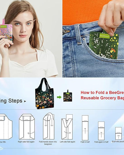 BeeGreen Flower Reusable Shopping Bags Cute Grocery Bag 6 Pack, Christmas Gift Bags Heavy-Duty Foldable Shopping Totes for Supermarket, Work & Travel, Large Washable Polyester Tote Bag with Handles