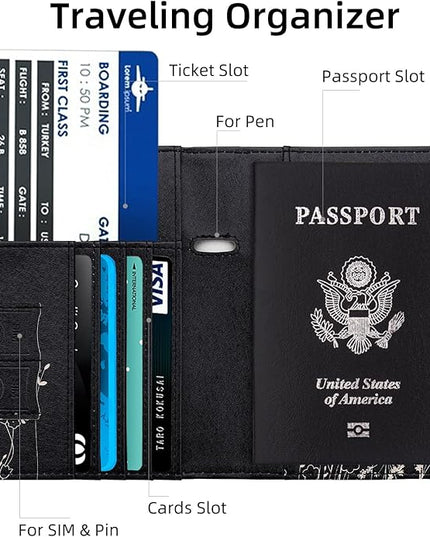 WALNEW Passport Holder for Travel, RFID Passport Cover Wallet for Women Men, PU Leather Passport Book Card Holder Case with Pen (Elastic Band Closure, D-Black Flowers)