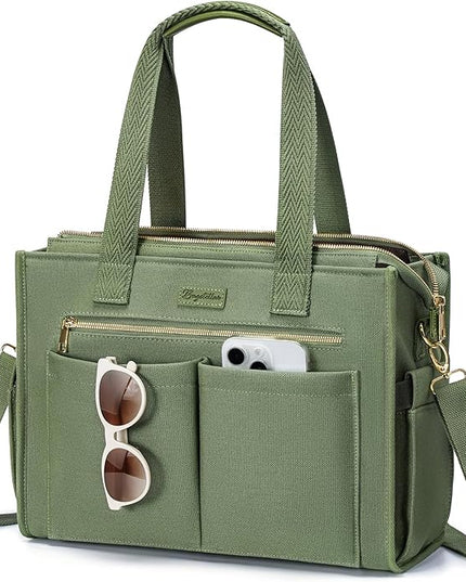 Canvas Tote Bag for Women, 15-Pockets Work Laptop Tote Purse Large Crossbody Nurse Teacher Bible Bag for School Travel Daily | with Strap & Zipper, Multi Compartment, Stand Upright Stably, College Shoulder Bag, Clinical Nursing Bag, Ideal Gift for Women
