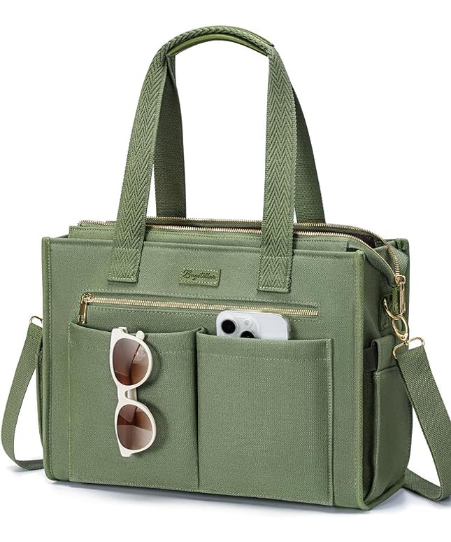 Canvas Tote Bag for Women, 15-Pockets Work Laptop Tote Purse Large Crossbody Nurse Teacher Bible Bag for School Travel Daily | with Strap & Zipper, Multi Compartment, Stand Upright Stably, College Shoulder Bag, Clinical Nursing Bag, Ideal Gift for Women