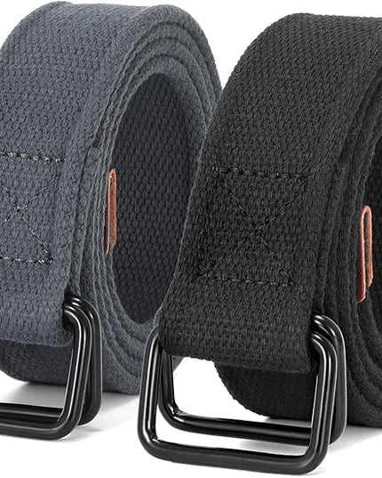 JASGOOD Men Canvas Fabric Belts Casual Web Cloth Belts with Black Double Ring Buckle 2 Pack