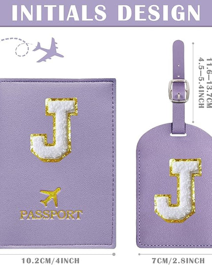 COSHAYSOO Purple Initial Passport Cover Holder and Luggage Tag Set TSA Approved with Chenille Letter Patch ABC for Women Teenage Girls, Travel Essentials Must Have Stuff Bag Suitcase Identifier (J)