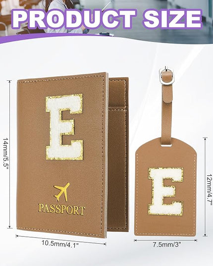 PATIKIL Passport Holder for Travel, Initial Passport Cover and Luggage Tag Set with Alphabet Chenille Letter Patch Travel Wallet Bag Suitcase Identifier for Women Family Travel Brown E