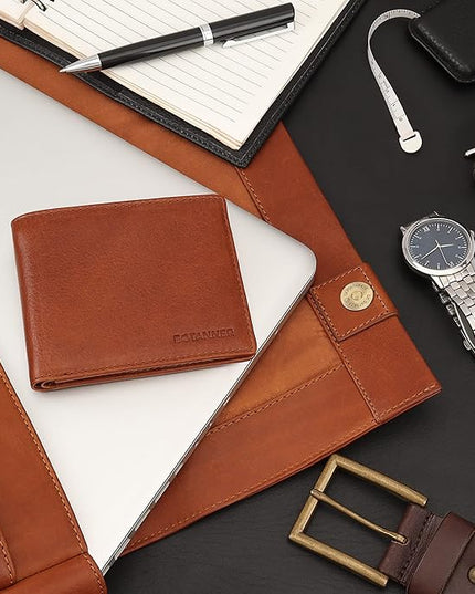 BOTANNER Genuine Leather Mens Bifold Wallet Slim RFID Blocking 5 Credit Card Slots 1 ID Window 2 Sections for Bills 2 Additional Slots | Tan
