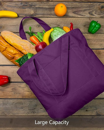 TOPDesign 1-Pack Canvas Tote Bags with an External Pocket, Reusable Grocery Shopping Bags, Top Zipper Closure, Daily Essentials (Purple)