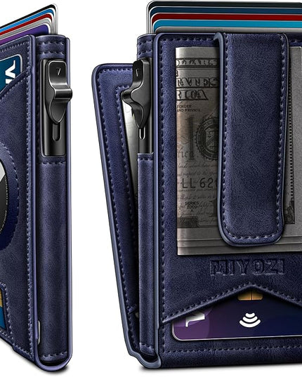 miyozi Airtag Wallet for Men Money Clip 9-Card Pop-Up Credit Card Holder with ID Window RFID Blocking Metal Case Magnetic Closure Front Pocket Wallet Gift Box