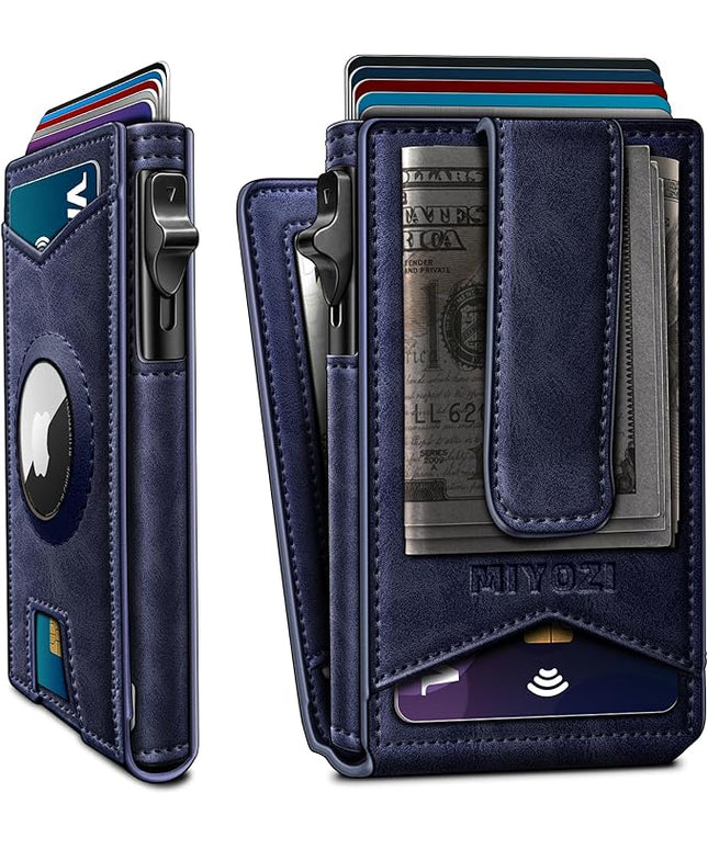 miyozi Airtag Wallet for Men Money Clip 9-Card Pop-Up Credit Card Holder with ID Window RFID Blocking Metal Case Magnetic Closure Front Pocket Wallet Gift Box