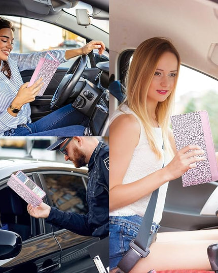 Car Registration and Insurance Holder with Magnetic Closure, Universal Document Organizer for License, Insurance Cards & Glove Box Storage (Leopard-Pink)