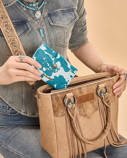 Montana West Small Wallet Trifold Blue Cow Print Wallet for Women Western Travel Wallets Womens Ladies Female Credit Card Cash Wallets with ID Window and RFID Lining