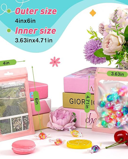 Funfery 300 Pack Smell Proof Resealable Bags for Food Storage,Mylar Clear Bags 4x6 Pink Packaging Bag- Edibles,Odorless Scent Proof Bag for Cookies, Zip Foil Pouch for Small Business