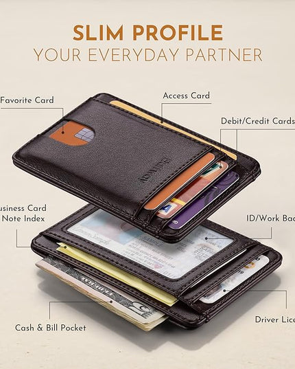 Buffway Slim Minimalist Front Pocket RFID Blocking Leather Wallets for Men and Women - Pebble Brown