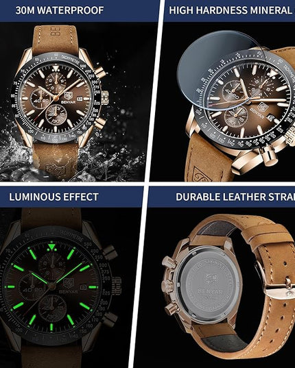 BY BENYAR Watch for Men Analog Quartz Chronograph Waterproof Luminous Designer Mens Wrist Watches Business Work Sport Casual Dress Watch with Silicone Strap Elegant Gifts for Men