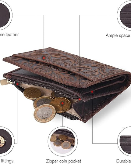 Oak Leathers Leather Wallet For Women - Small RFID Coin Purse Credit Card & ID Holder for Ladies, Gift for Women's, Bifold Wallets (Crazy Horse Brown Flower)