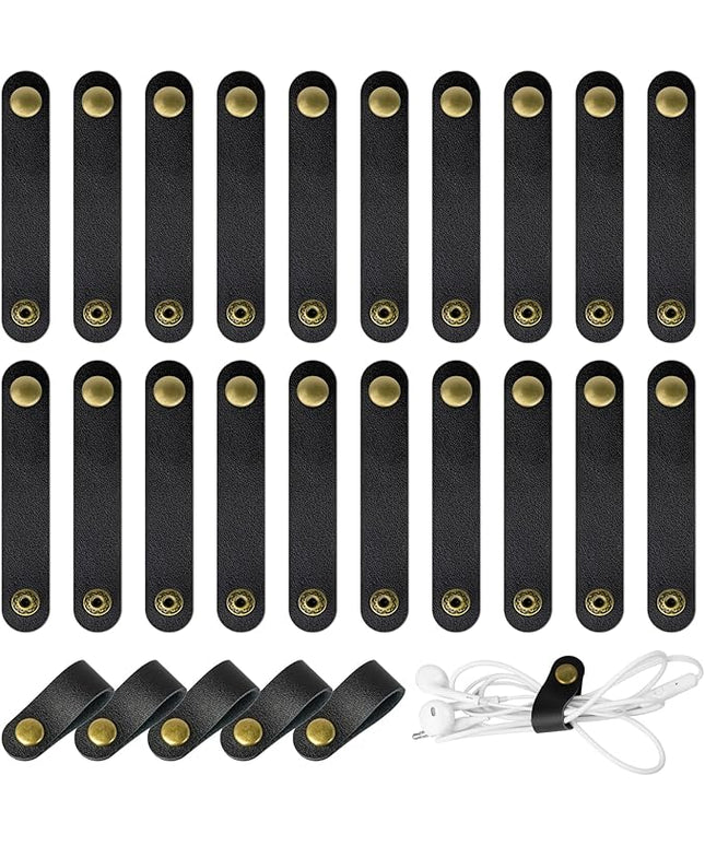 20 Pcs Leather Cord Organizer - Black Leather Cord Ties for Charging Cords, Reusable Charging Cable Organizers