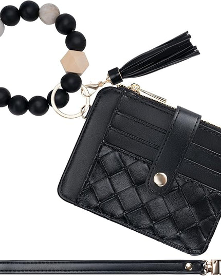 Keychain Wallet with Bracelet RFID Blocking Wristlet Credit Purse Card Holder, Silicone Bead Tassel Key Ring for Women
