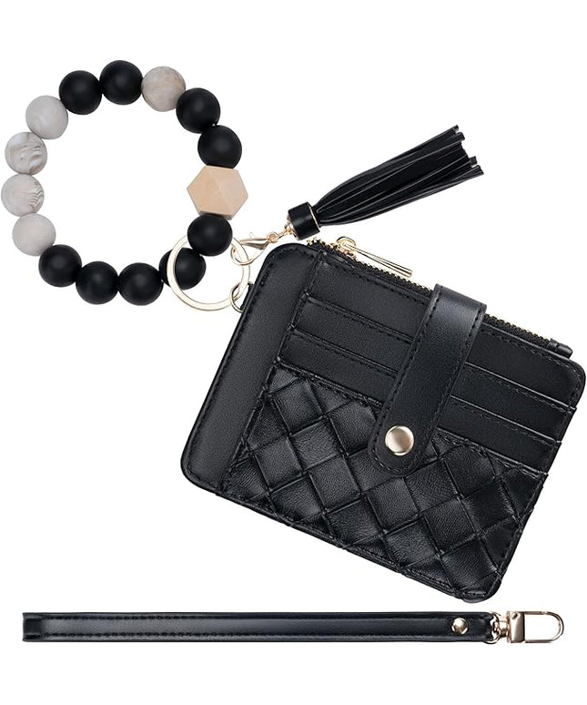 Keychain Wallet with Bracelet RFID Blocking Wristlet Credit Purse Card Holder, Silicone Bead Tassel Key Ring for Women